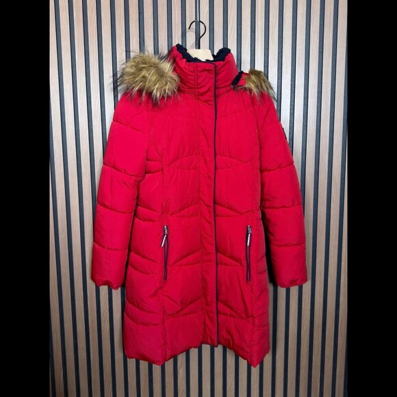 Tommy Hilfigure Jacket Small Womens Red Puffer Faux Fur Hoodie Coat Zippers - Picture 1 of 10